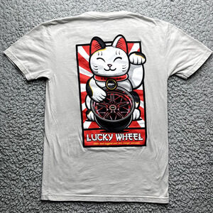 ESR Racing Shirt Mens Medium Beige Lucky Wheel Cat Rim Graphic Kitty Crew Neck